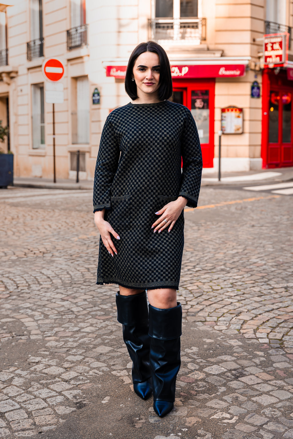 Robe à carreaux CAMÉLIA Noir/Doré.