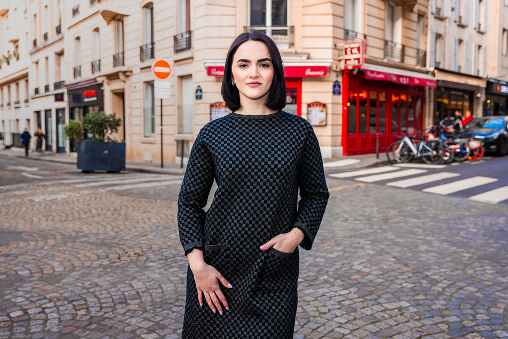 Robe à carreaux CAMÉLIA Noir/Doré.