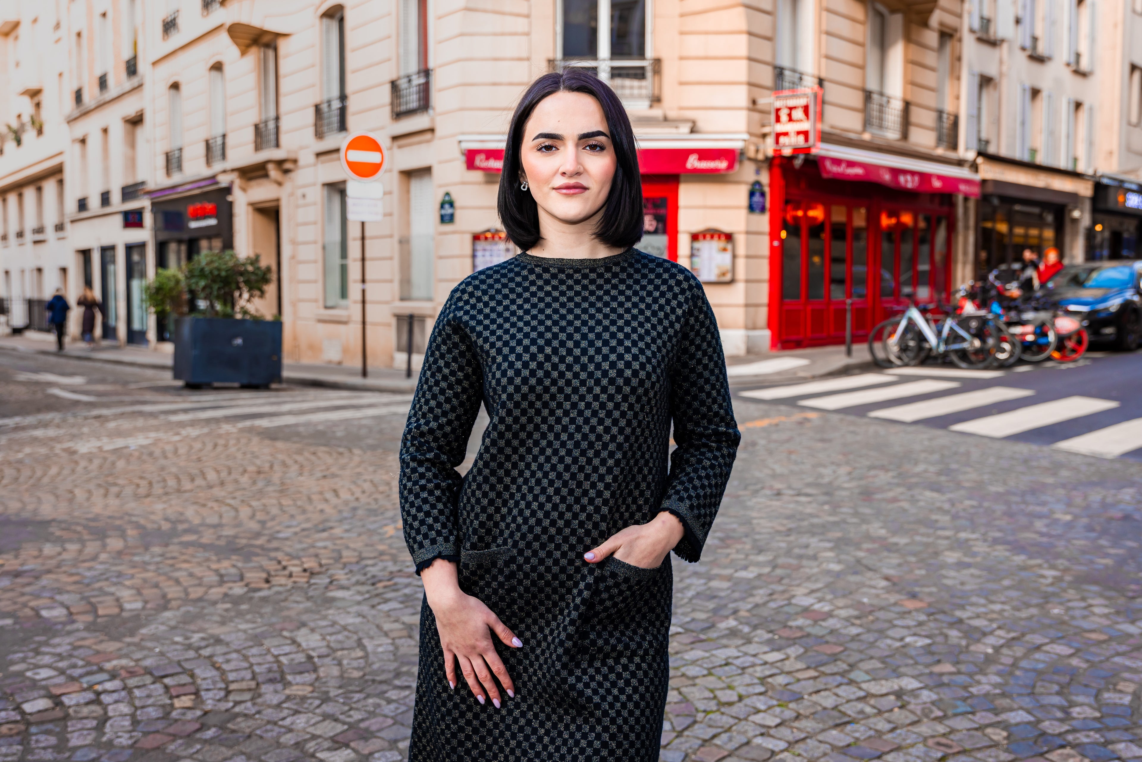 Robe à carreaux CAMÉLIA Noir/Doré.