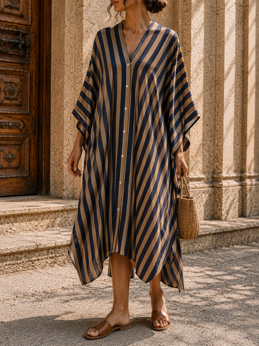 Robe/kimono SAMIRA - rayé bleu/taupe