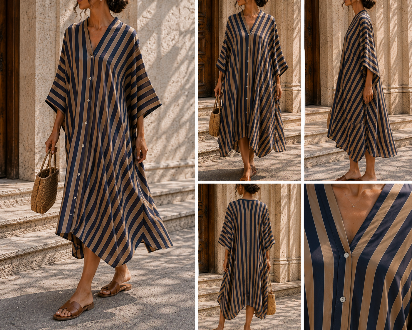 Robe/kimono SAMIRA - rayé bleu/taupe