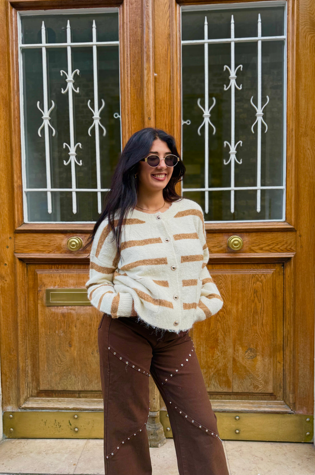 Cardigan IRIS à rayure - Écru/Camel