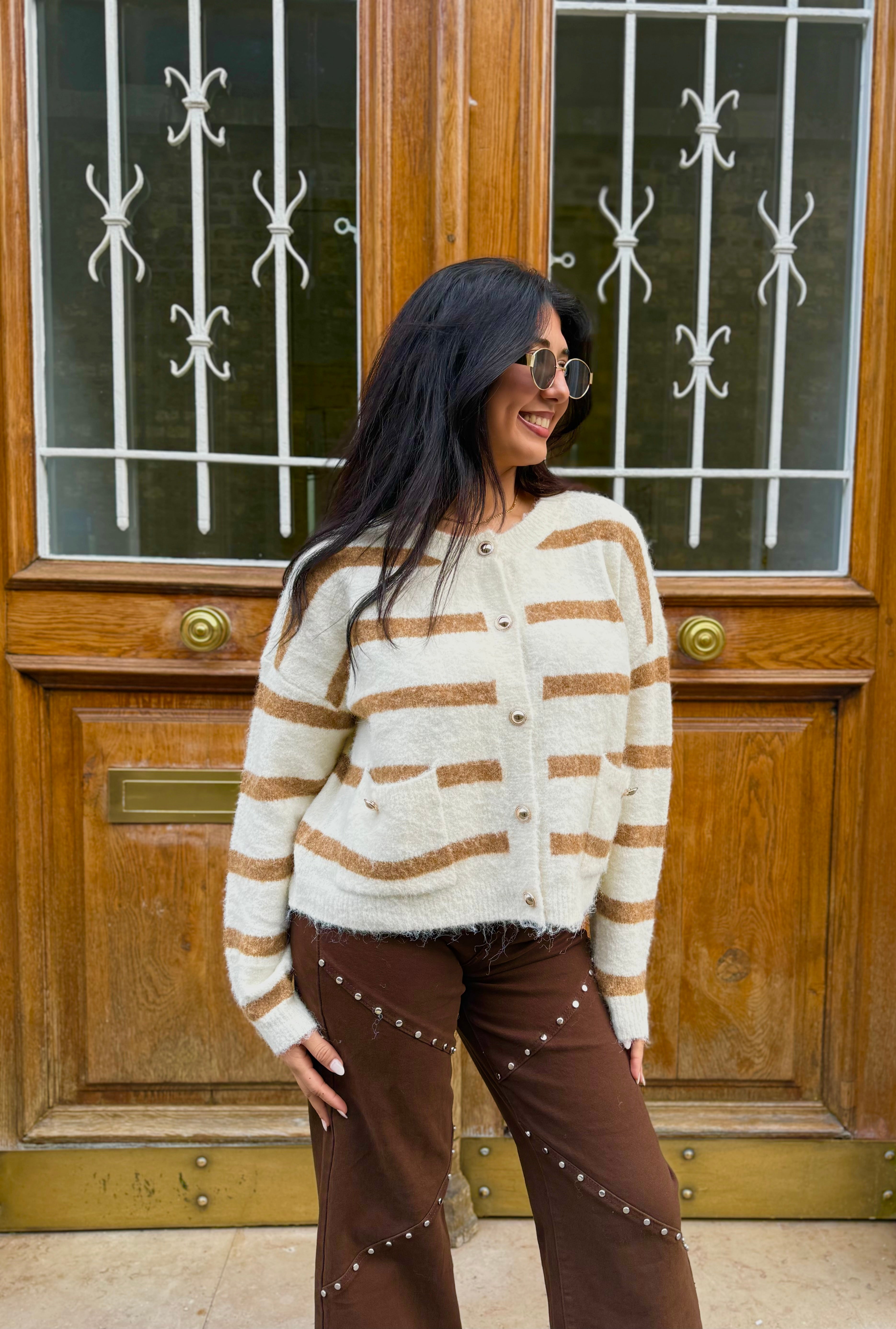 Cardigan IRIS à rayure - Écru/Camel