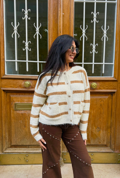 Cardigan IRIS à rayure - Écru/Camel